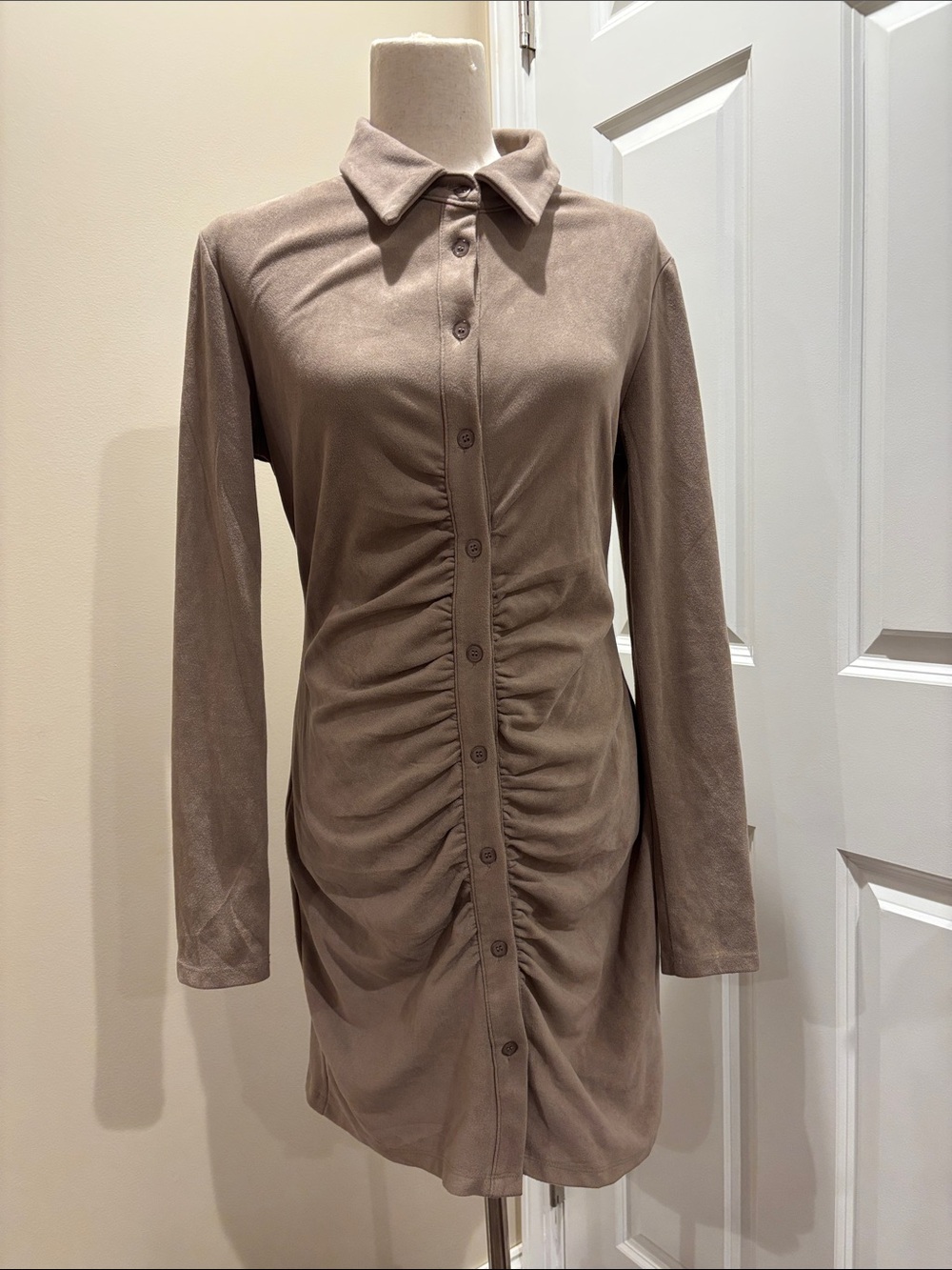Neutral Ruched Button-Front Shirt Dress - Taupe